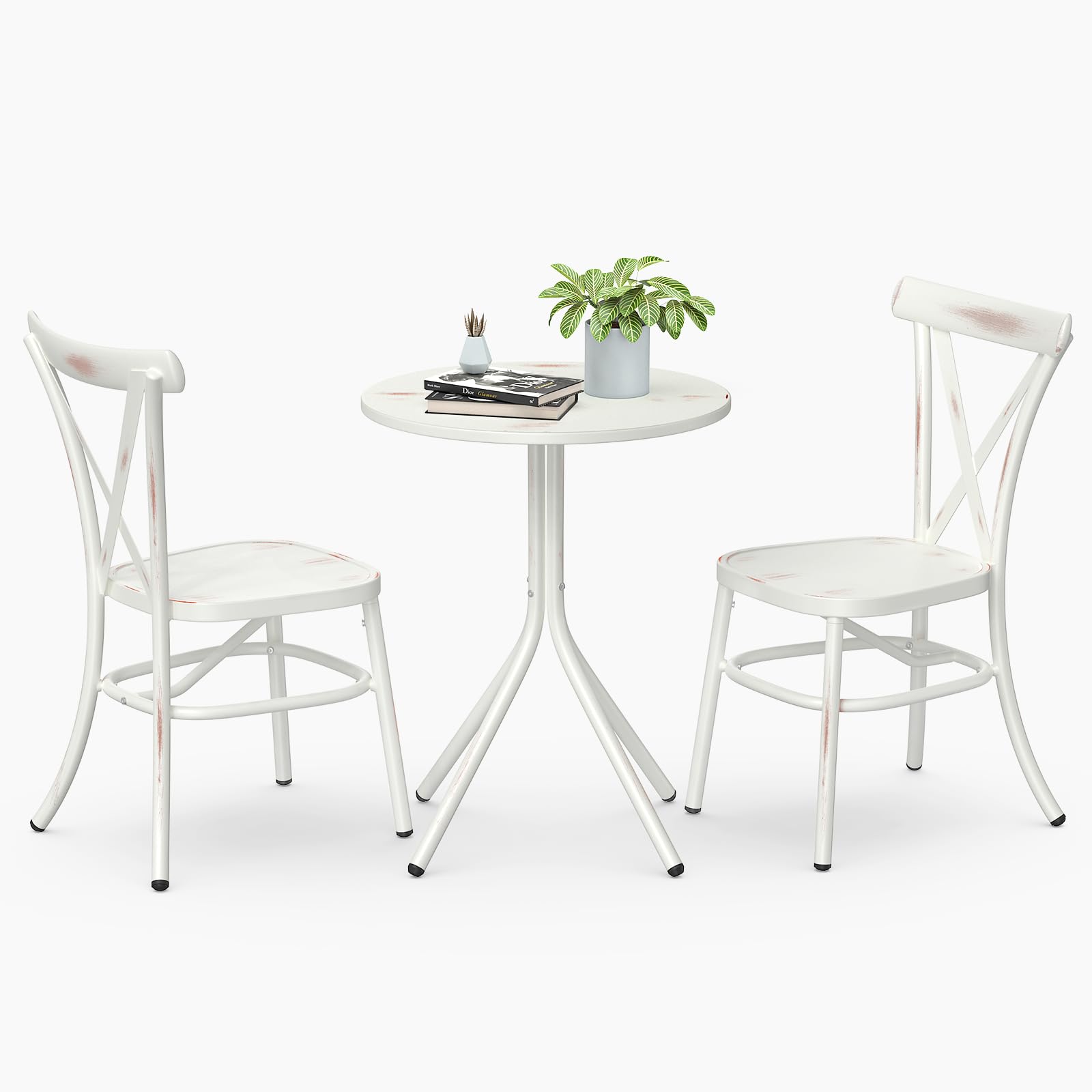 3 Piece Patio Bistro Set Aluminum Bistro Table and Chairs Set of 2, All Weather Resistance Patio Dining Set for 2, Vintage Outdoor Bistro Set for Balcony Garden Backyard Porch, Distressed White