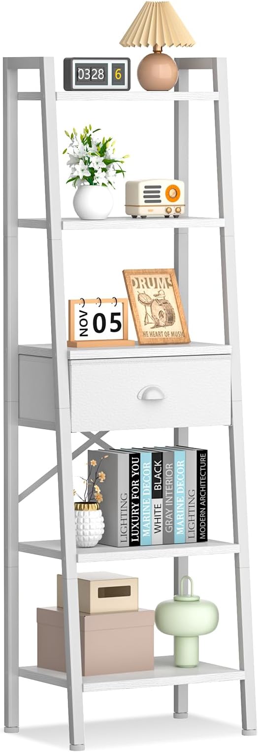 5 Tier Ladder Shelf with Drawer, Tall Bookshelf Storage Shelves, Bookcase Standing Shelf