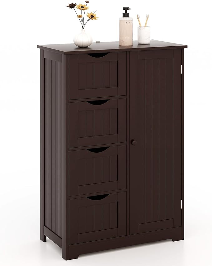 Bathroom Storage Cabinet, Wooden Floor Cabinet with 4 Drawers & Round Knob