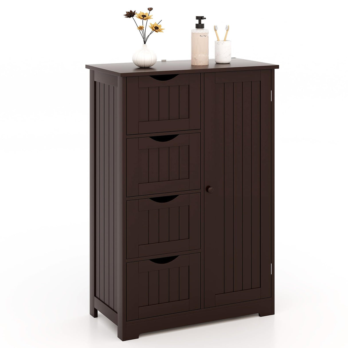 Bathroom Storage Cabinet, Wooden Floor Cabinet with 4 Drawers & Round Knob