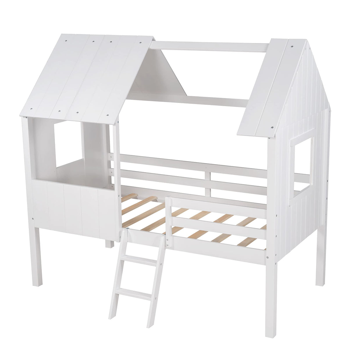 Size Low Loft Bed with Roof and Windows, Wood House Bed with Safety Fence and Two