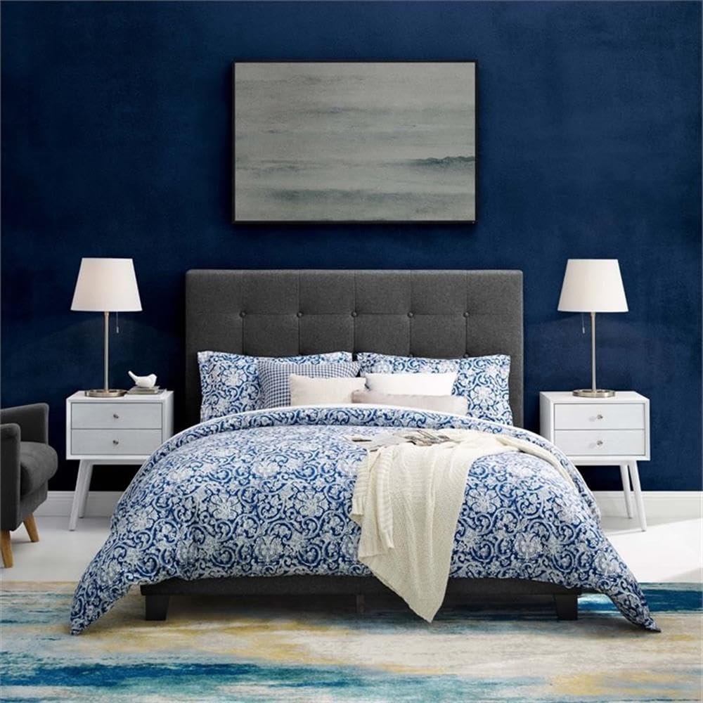 Modern Button Tufted Fabric Full Platform Bed in Gray