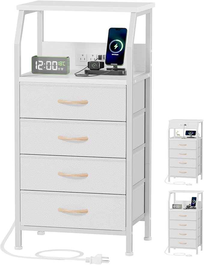 Night Stand with Charging Station, Small Bedside Table with Wood Shelf, End Table