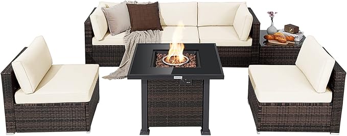 7 Pieces Patio Furniture Set with Fire Pit Table, 50