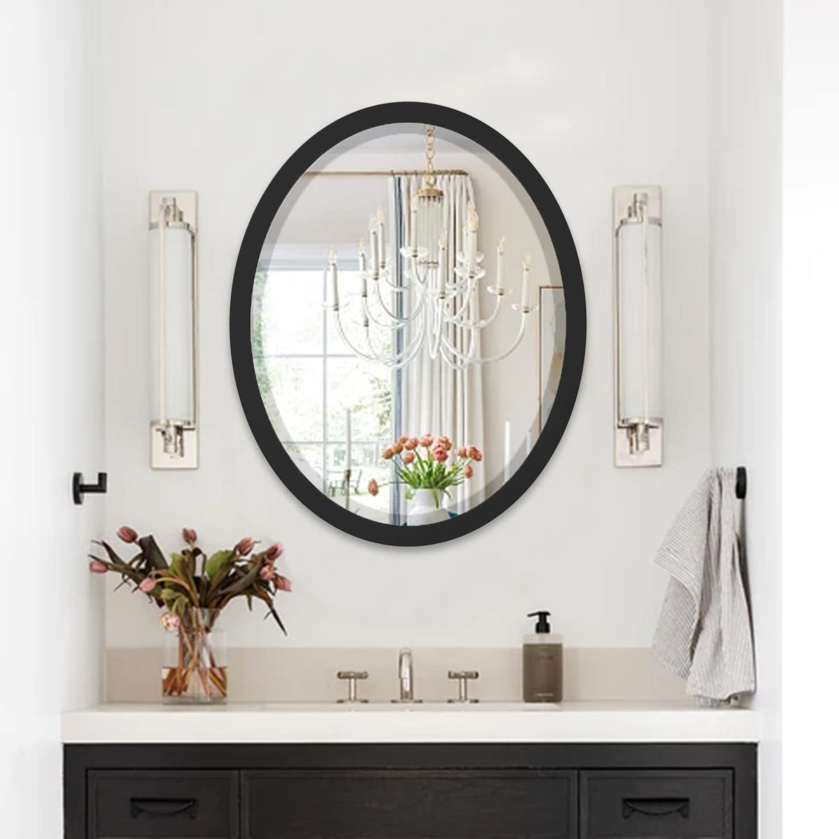 Oval Wall Mirror 23x29 Inch Matte Black Metal Frame