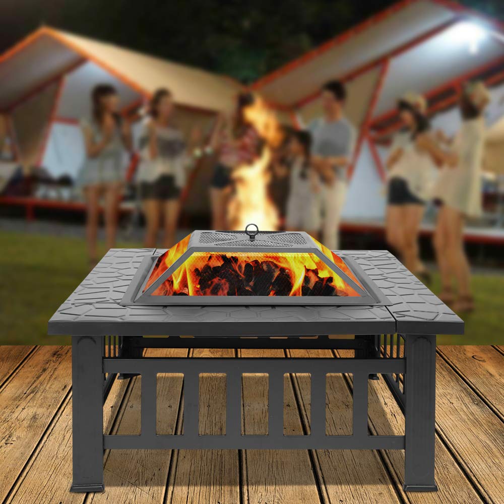 32in Wood Fire Pit with Mesh Lid and Fire Poker, Portable Outdoor Fireplace Burning