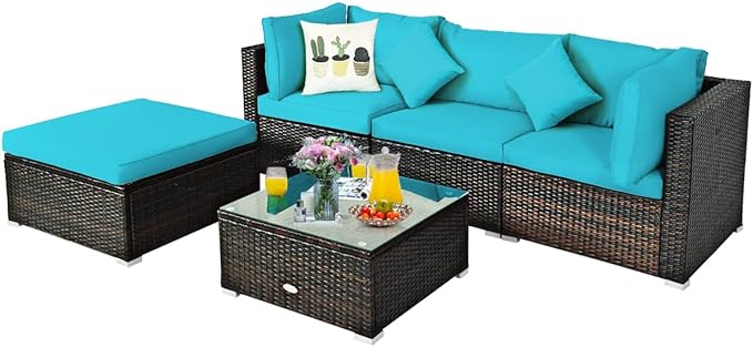 5-Piece Outdoor Patio Furniture Set, Glass Top Coffee Table and Lounge Sofa