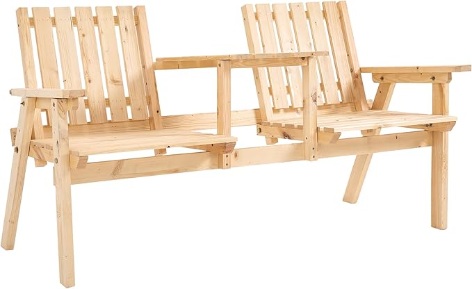 Bench, Garden Bench with Middle Table and Umbrella Hole, Wooden Outdoor Bench