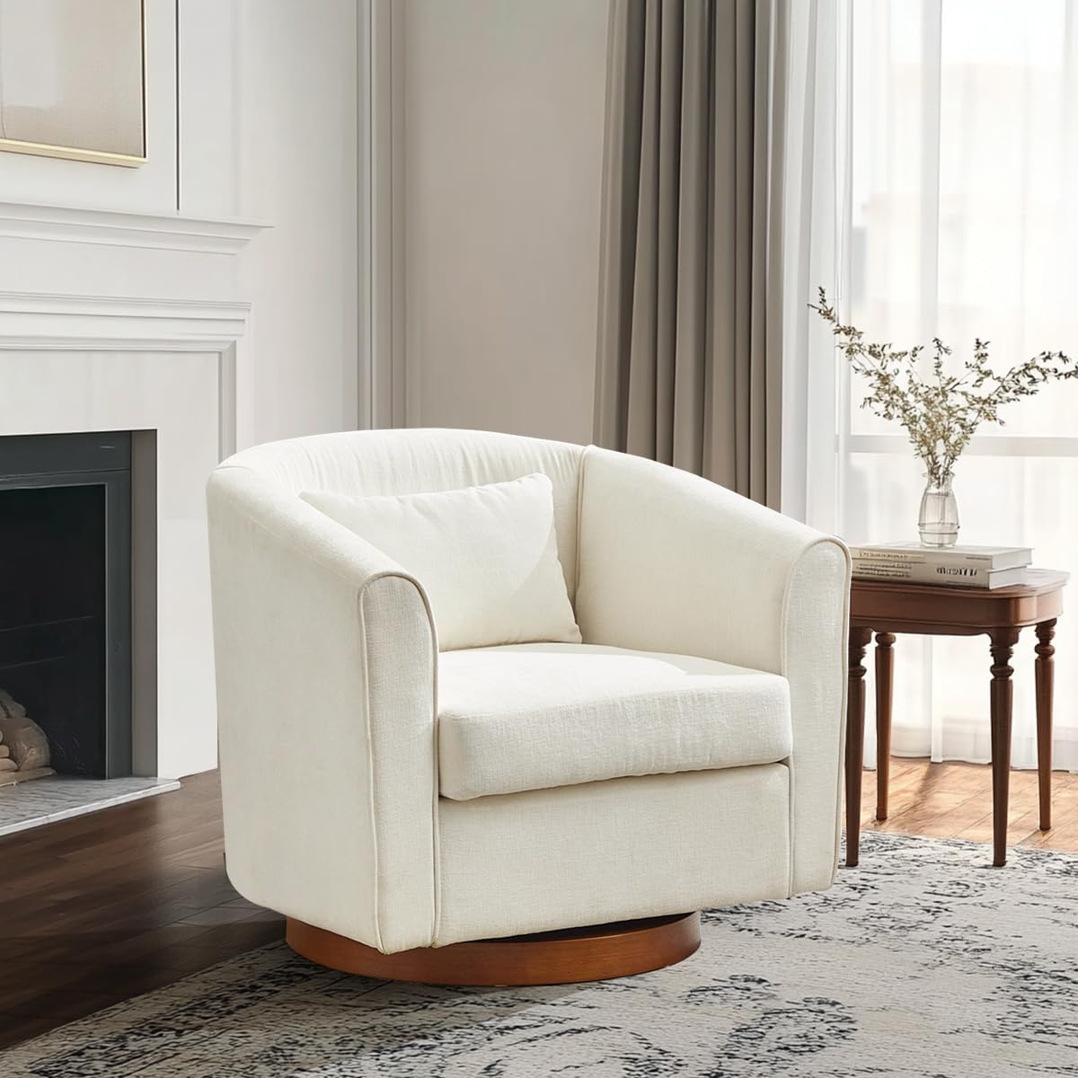 Swivel Accent Chair,Chenille Single Barrel Chairs with Wood Base Side,Comfy Swivel Accent Chair with Wide Upholstered for Living Room Bedroom(White)