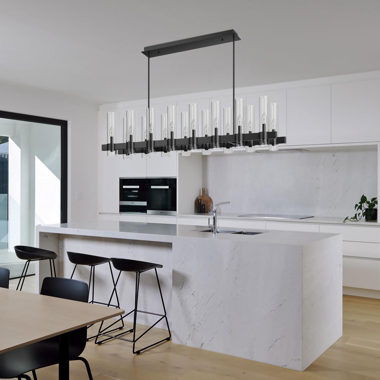 54 Inch Black Chandelier Linear with Clear Glass Shade