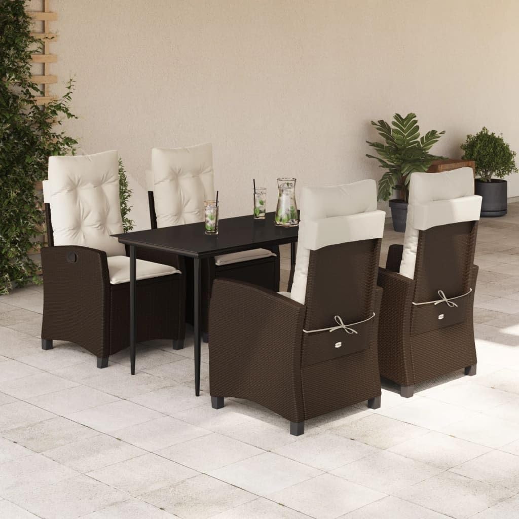 5-Piece Brown Rattan Patio Dining Set for Relaxing Al Fresco Dining with Cushions, Easy-Clean Glass Tabletop