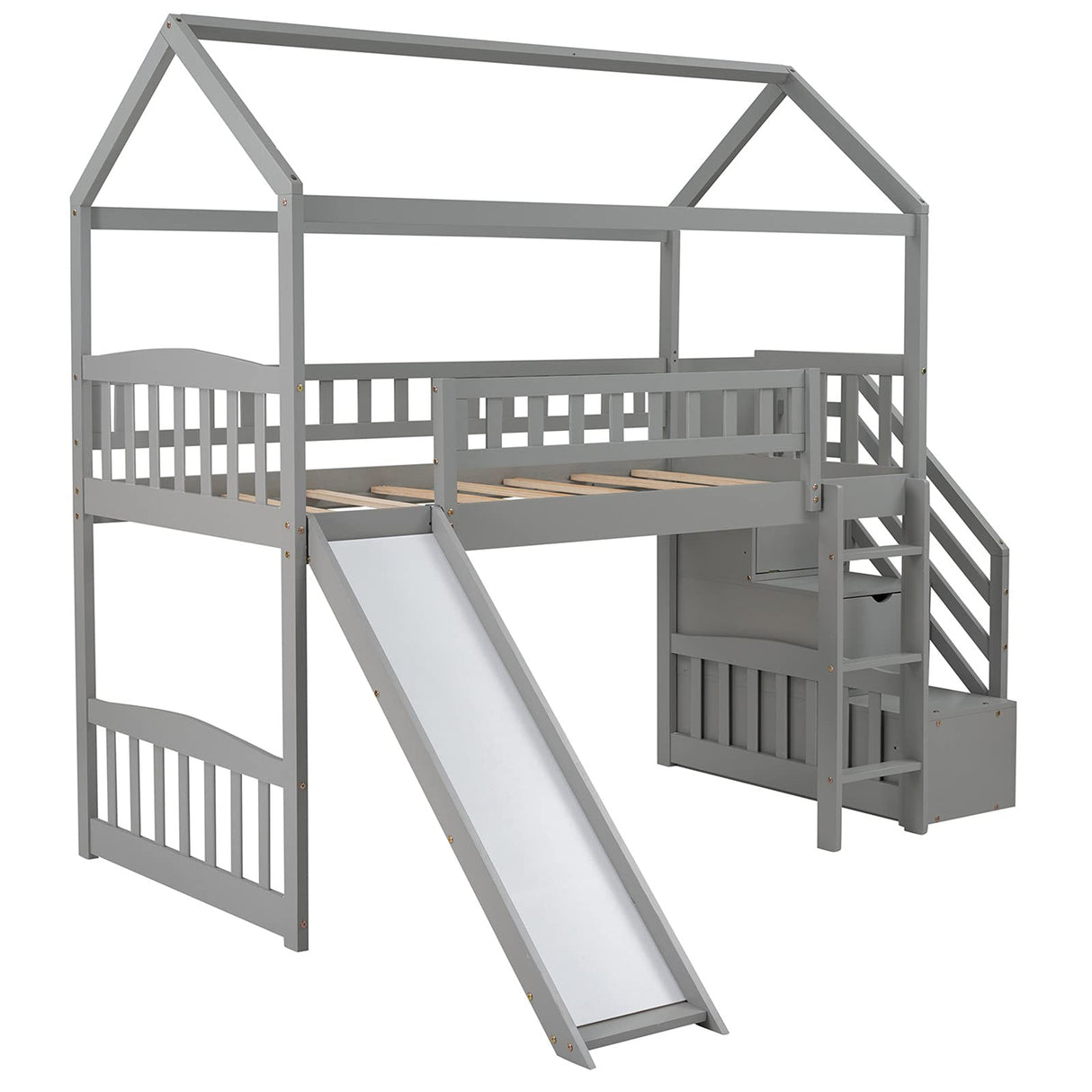 Loft Bed with Slide, House Loft Beds Twin Size with Step Storage Drawers Stairway