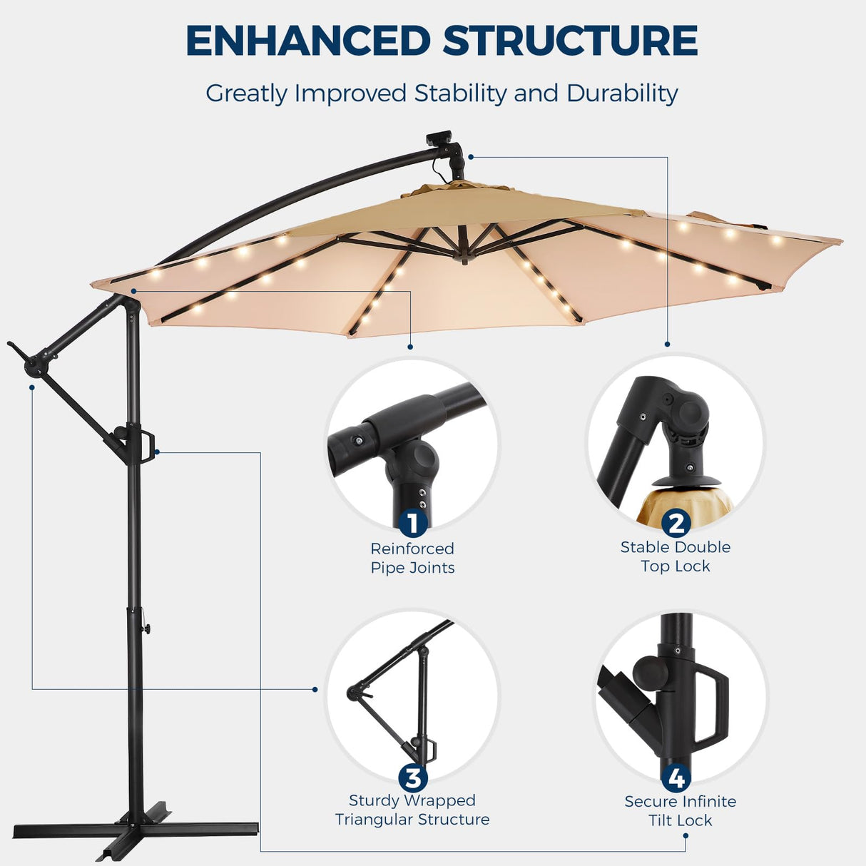 10ft Solar Lights Offset Cantilever Patio Umbrella - w/Light and Base
