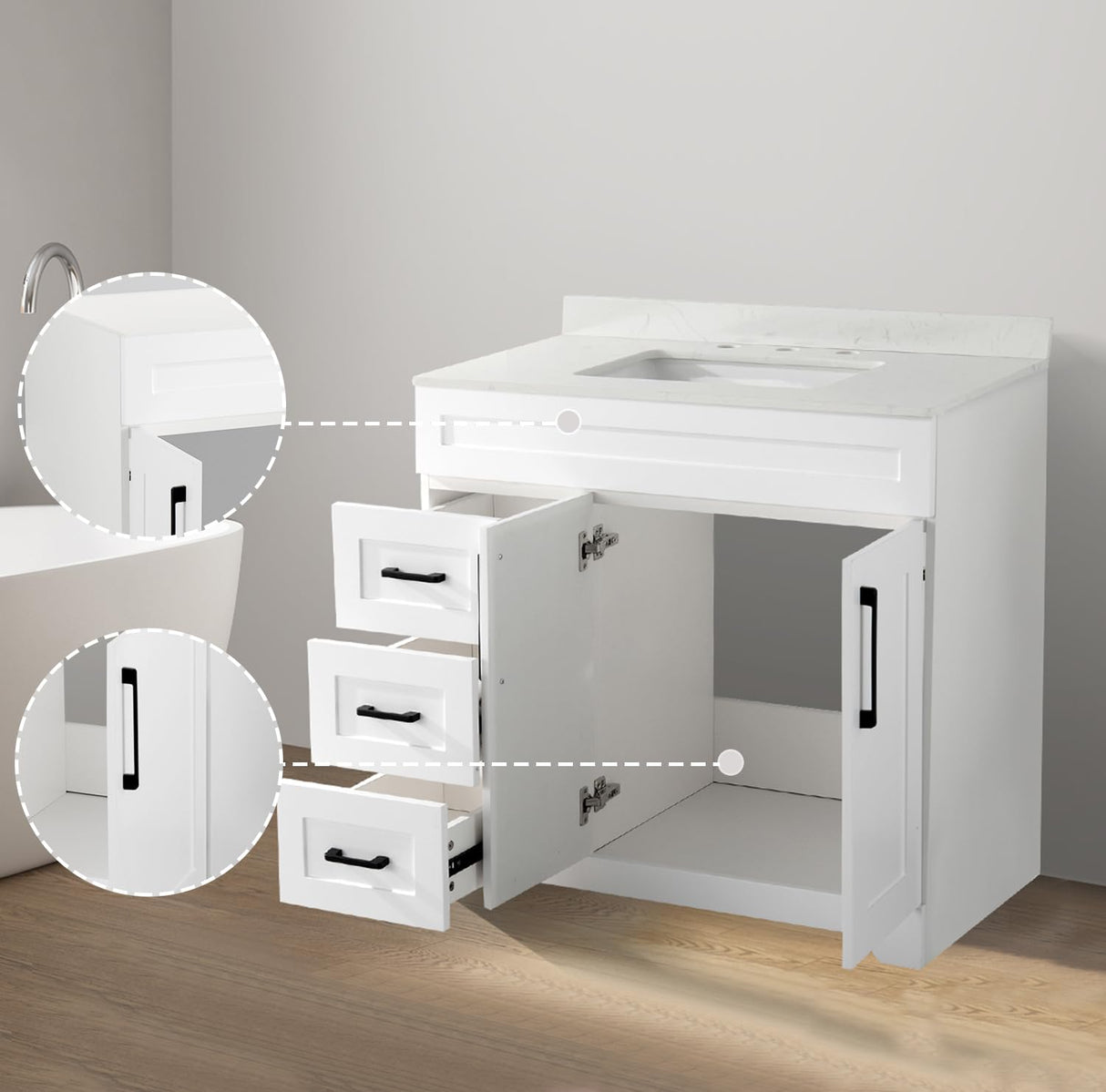 36" Bathroom Vanity with Sink,Engineered Stone Countertop&Undermount Center Rectangular Sink