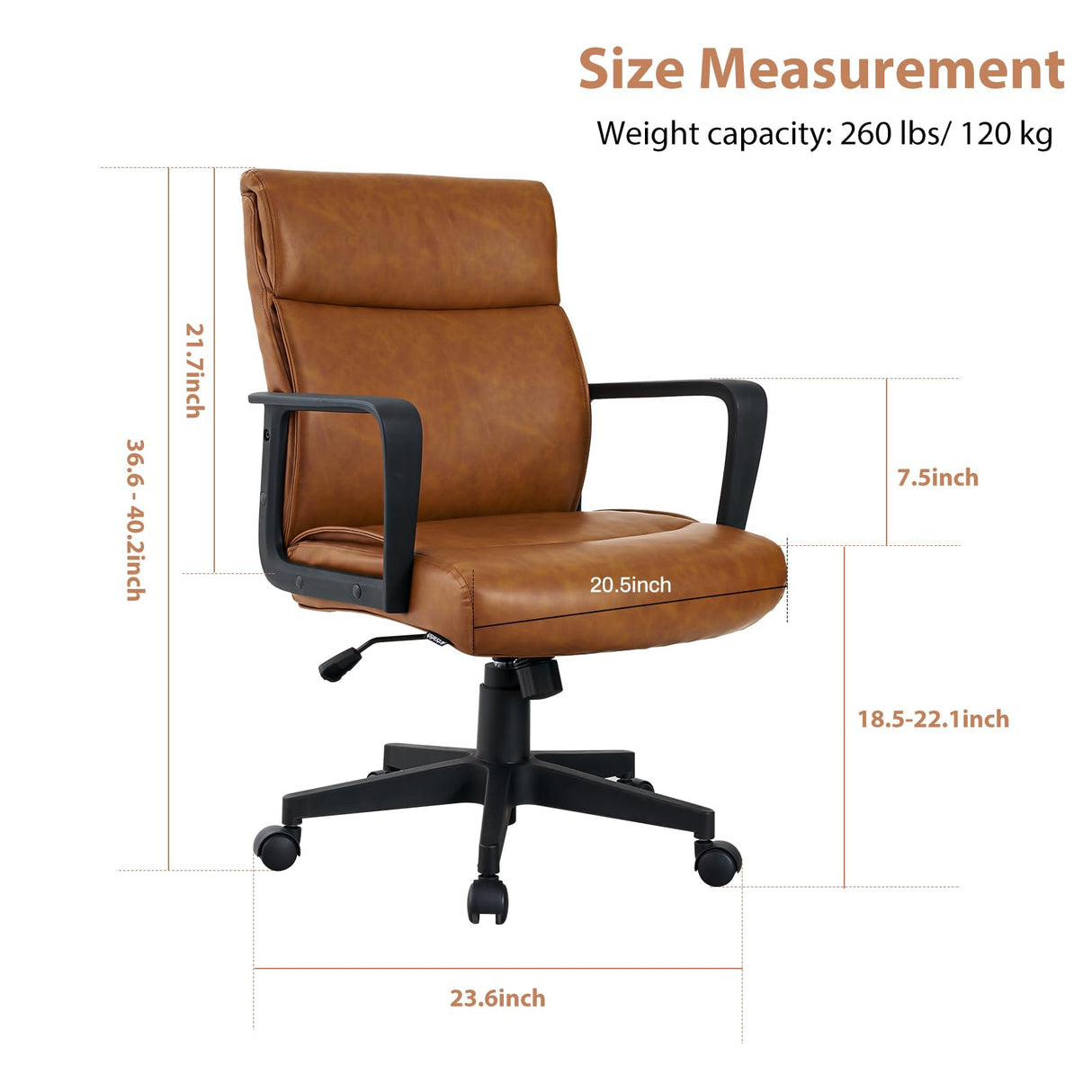 Brown Leather Office Chair with Wheels and Arms