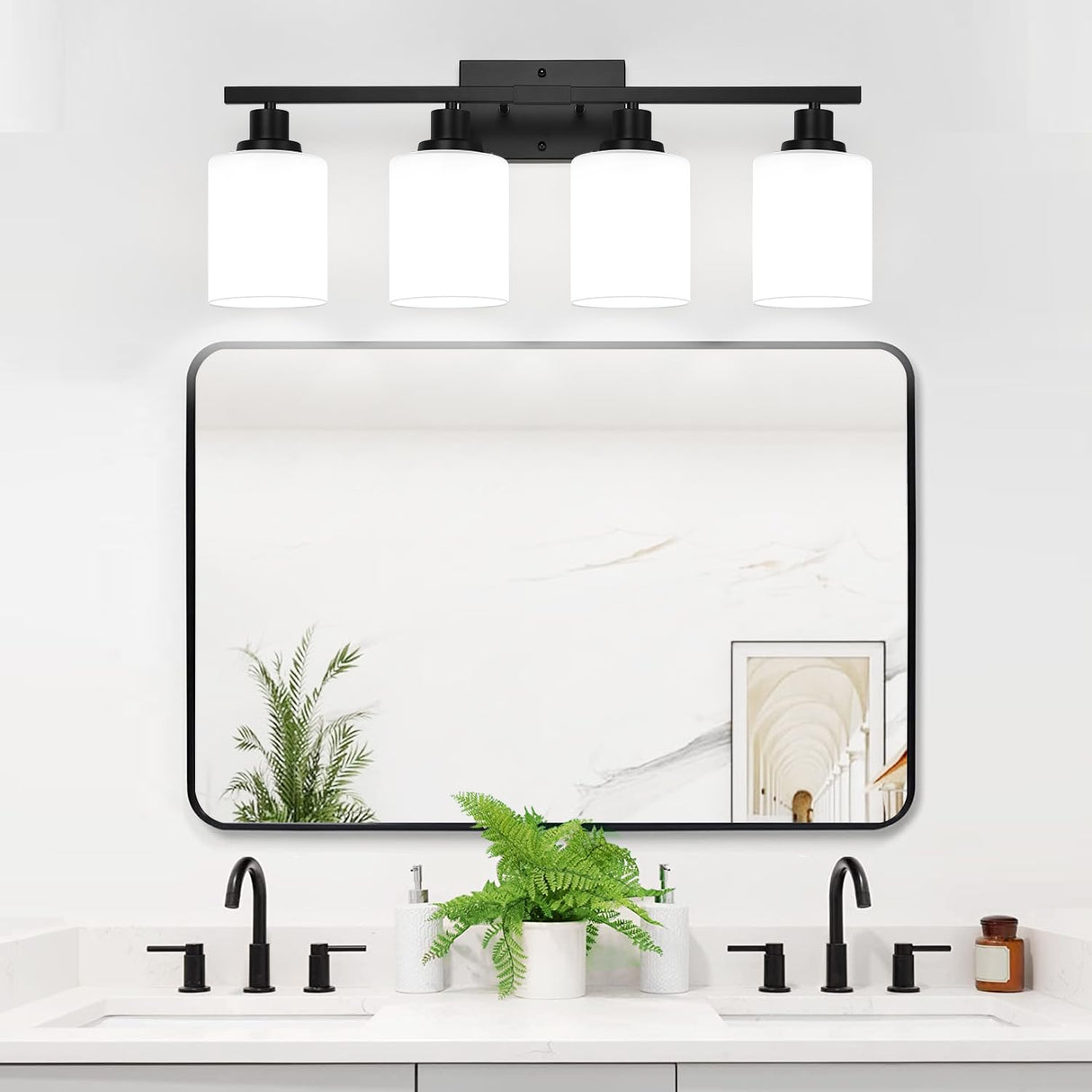 4-Light Bathroom Light Fixtures, Vanity Light with Milky White Shades, Matte Black Bathroom Light