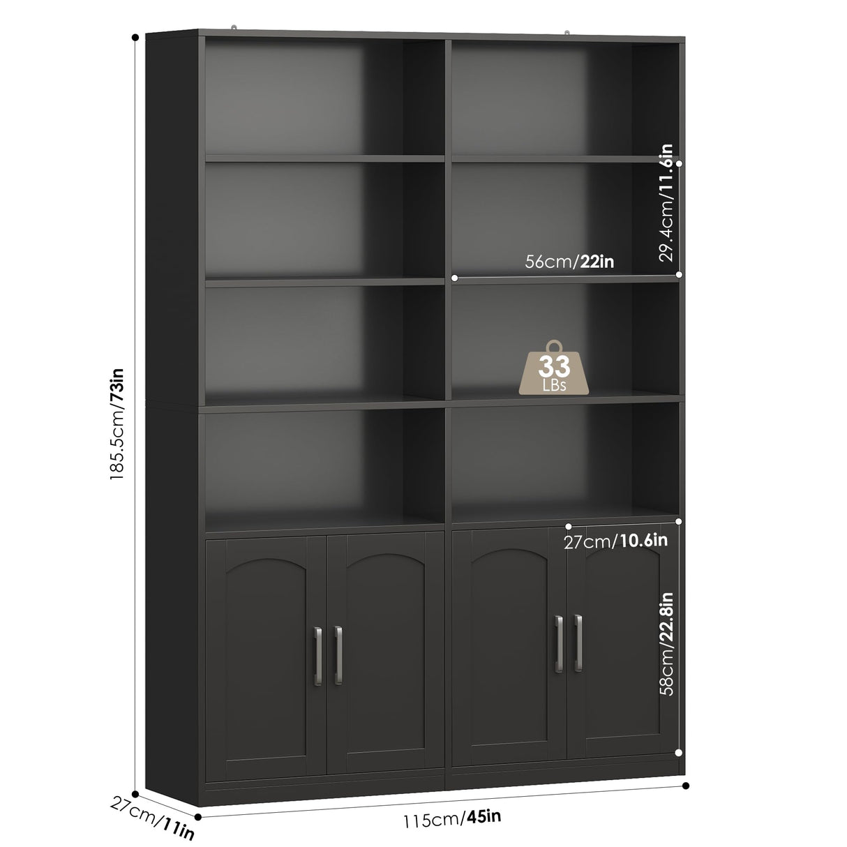 Bookshelf and Bookcase with Doors, 6 Tier Double Wide Large Bookshelves, Open Display Shelves, 73'' Tall Bookshelf with Storage Cabinets for Home Office, Living Room, Library, Black