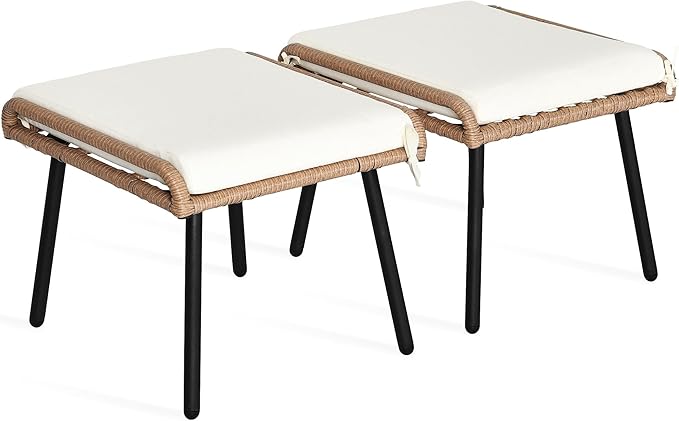2-Piece Outdoor Wicker Ottoman, All-Weather Patio Rattan Foot Rest