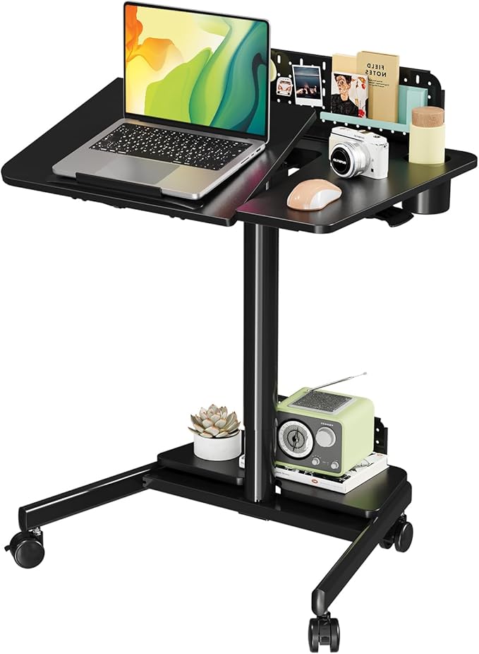 Mobile Standing Desk with 60° Tiltable Desktop, 28" Height Adjustable Rolling Desk