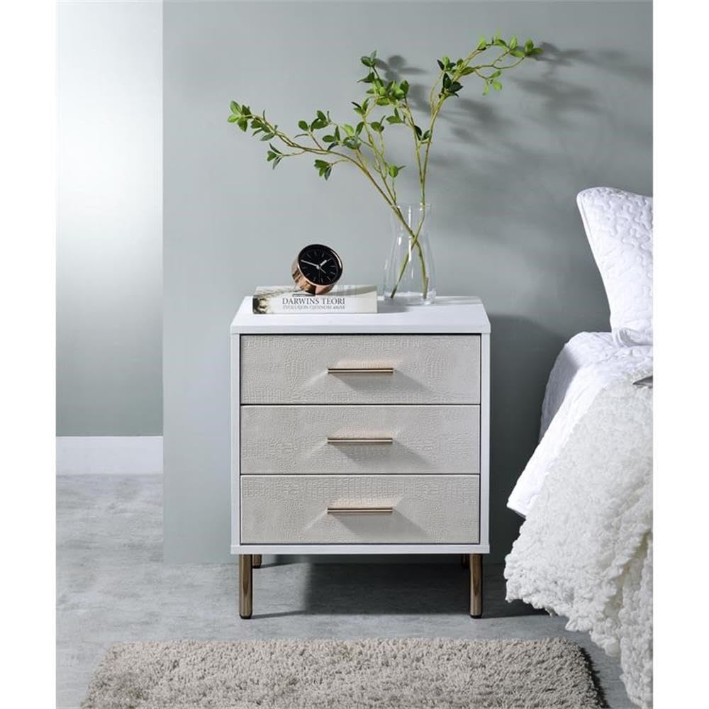 Wooden Storage Nightstand in White and Champagne and Gold