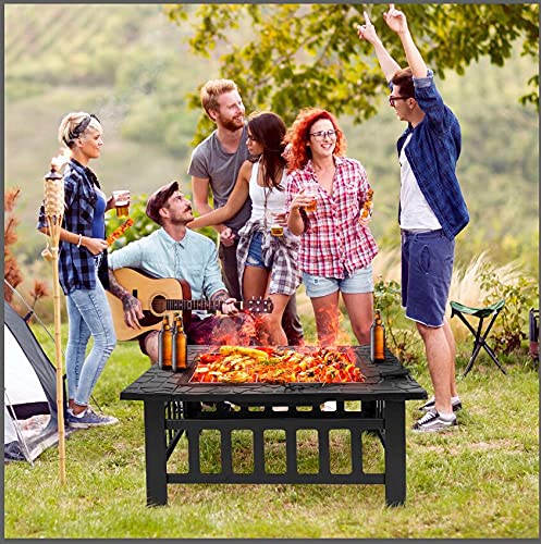 ZENY 32in Outdoor Fire Pits Outside Wood Burning Firepit Square Metal Fireplace Table Fire Bowl with Grill,Screen and Poker for Camping Bonfire Backyard BBQ - Bircata