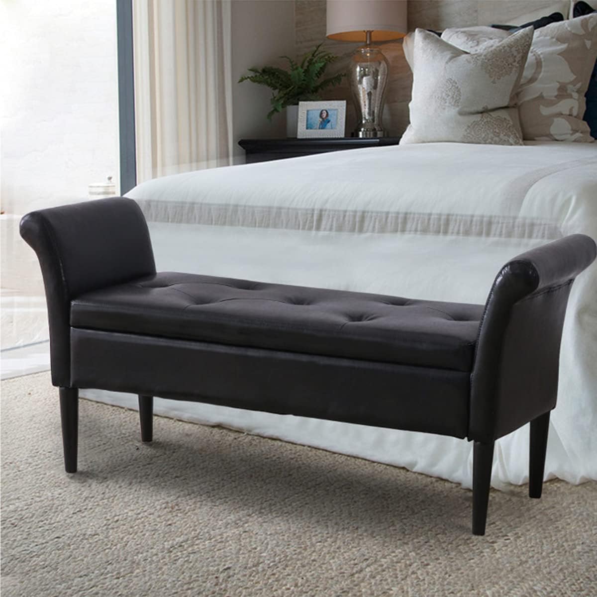 Black Faux Leather Storage Ottoman Bench