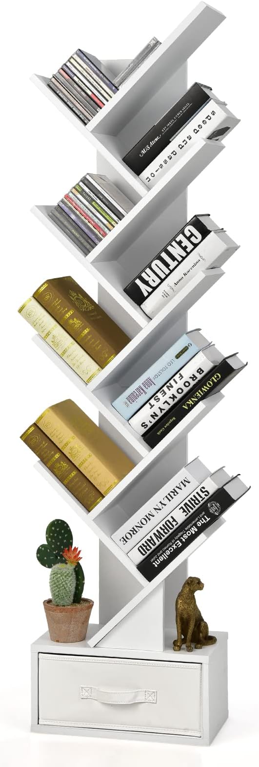 Tree Bookshelf with Drawer, 10 Shelf Space Saving Rustic Brown Wooden Bookcase