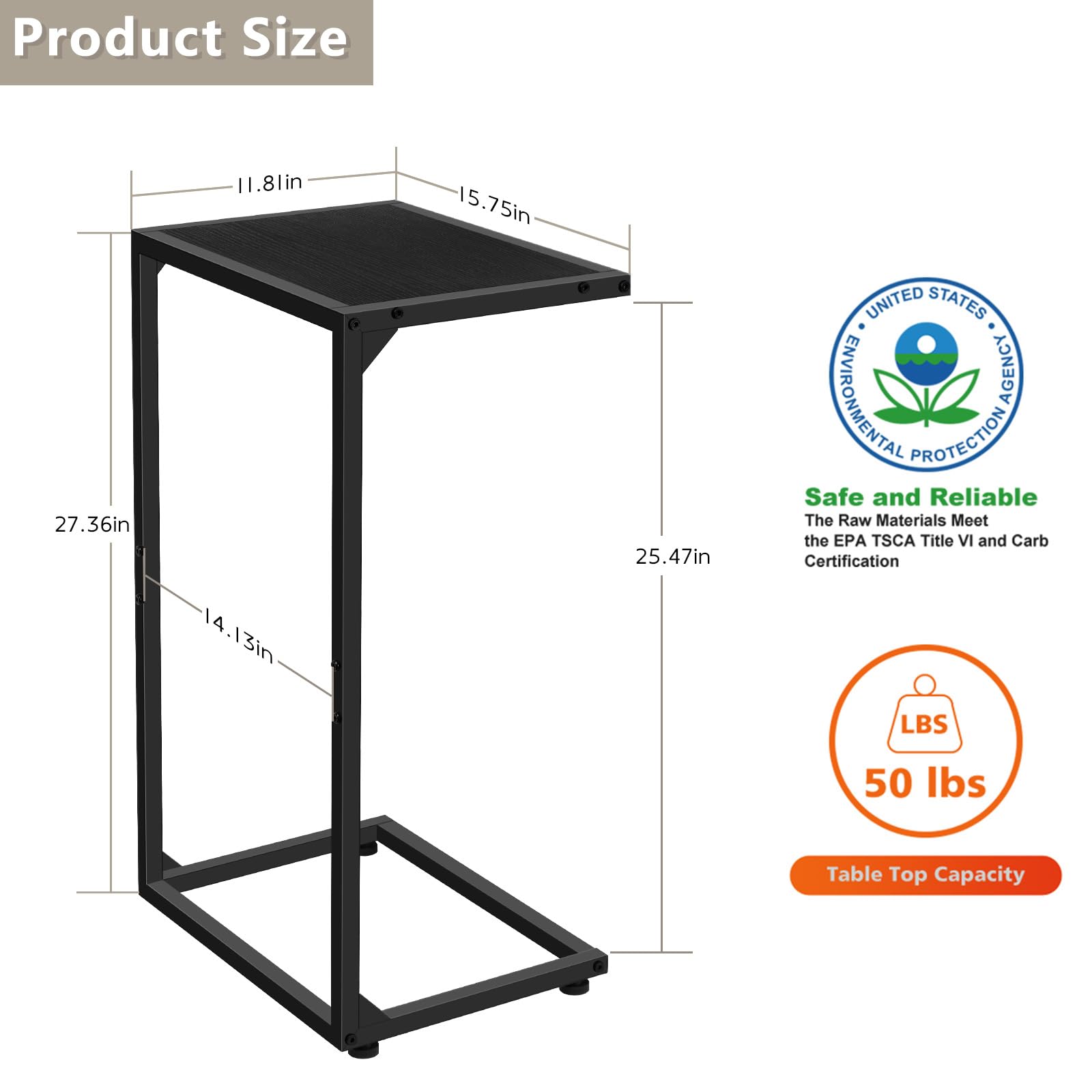 C Shaped End Table, C Tables for Couch, Snack Side Table for Sofa, Couch Tables That Slide Under,