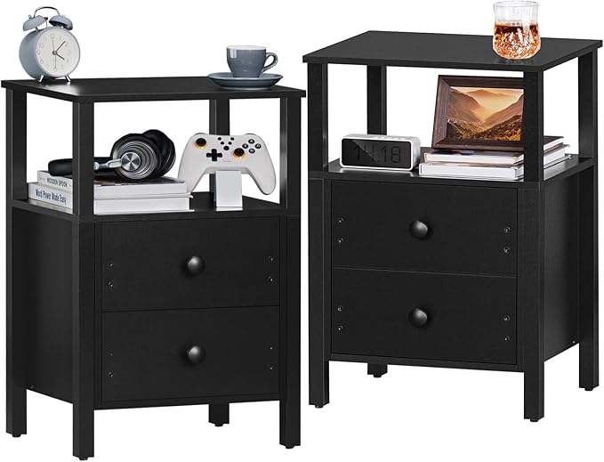 White Night Stand, Small Nightstand with 2 Wood Drawers and Storage Shelf, Modern