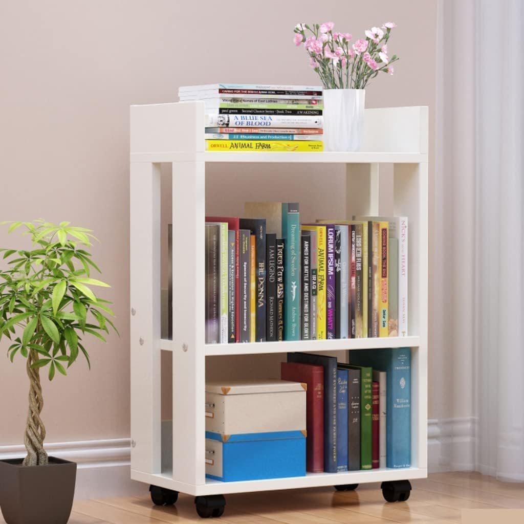 Flexible Bookcases 2 Tiers Bookshelf with Wheels Rolling Bookcase Simple Large Capacity Bookshelves Living Room Bedroom Family Book Rack Perfect Furniture