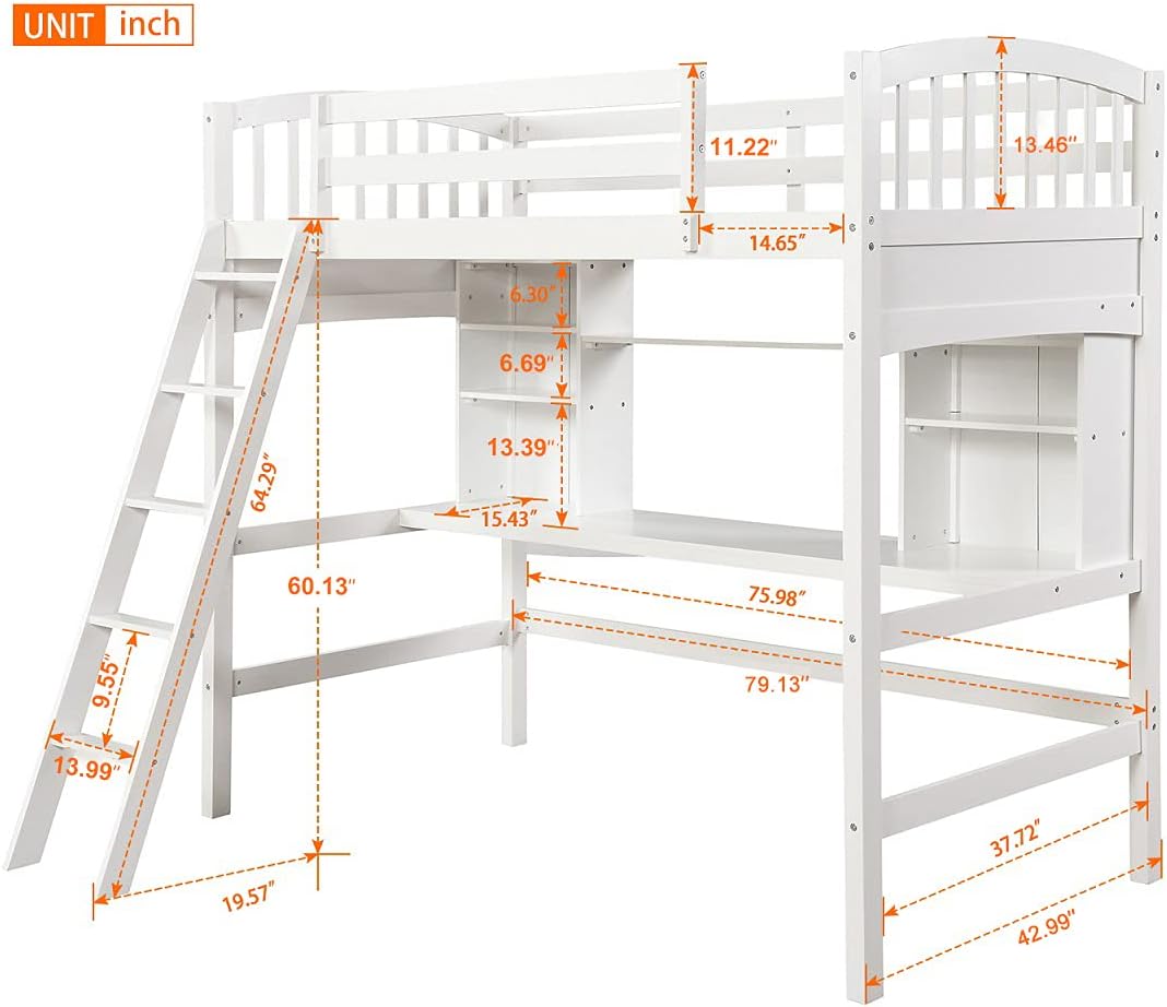 Storage Shelves, Wood Twin Loft Bed Frame with Guardrails and Angled Ladder for Kids