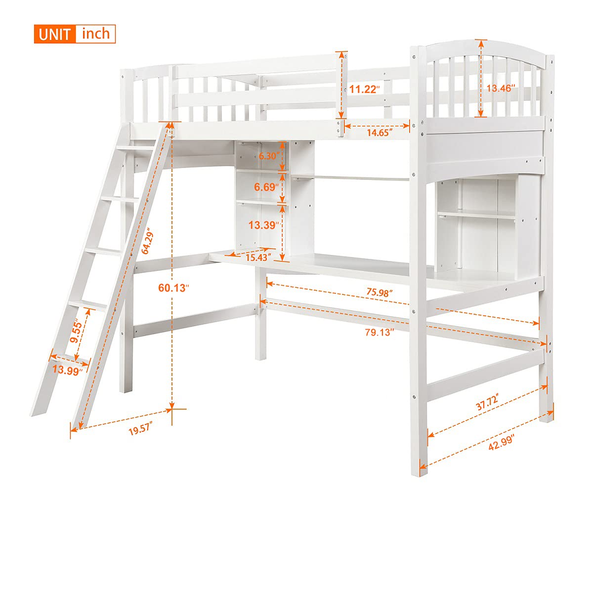 Storage Shelves, Wood Twin Loft Bed Frame with Guardrails and Angled Ladder for Kids