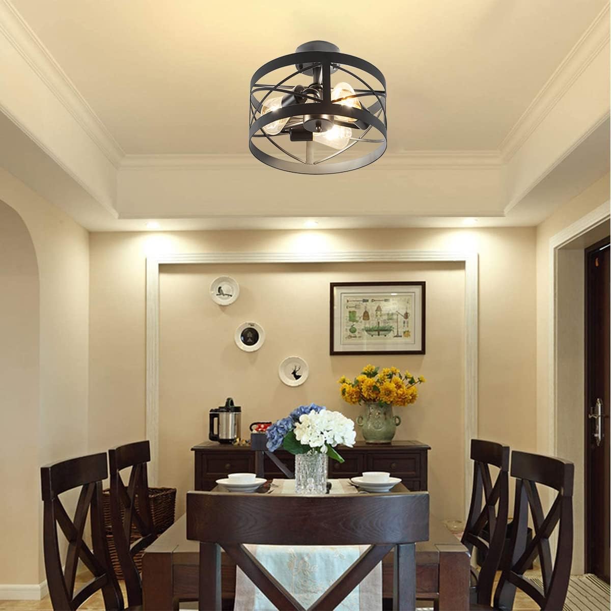 Rustic Industrial 3-Light Semi-Flush Mount Ceiling Light 13" Matte Black Round Lighting