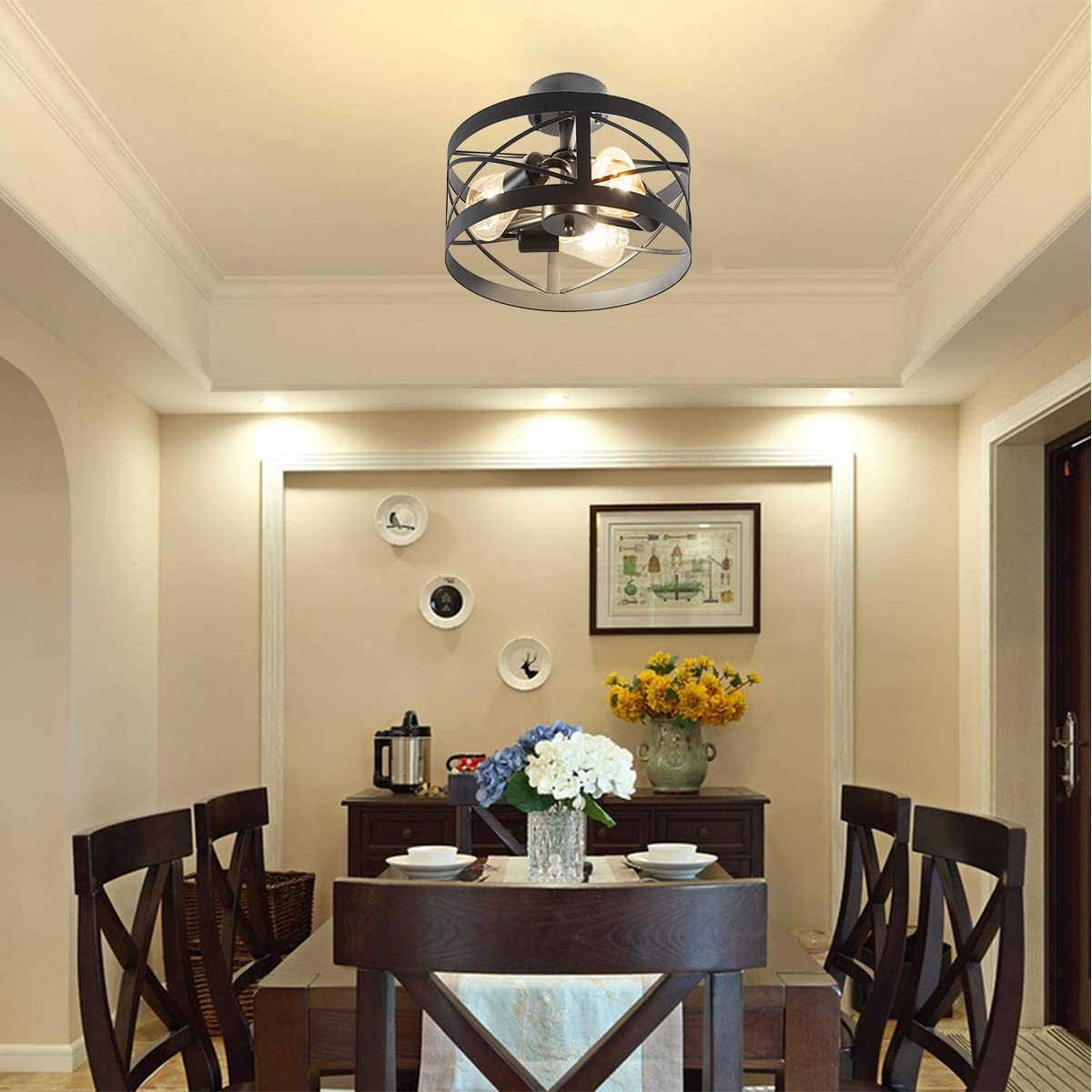 Rustic Industrial 3-Light Semi-Flush Mount Ceiling Light 13" Matte Black Round Lighting