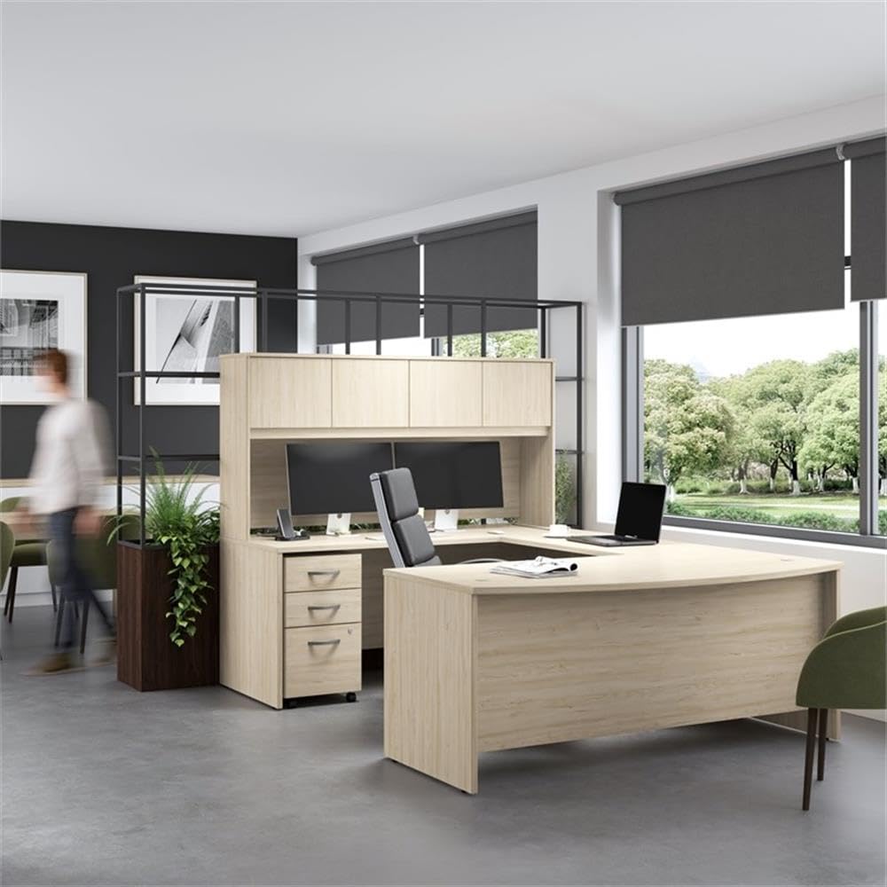 Furniture Studio C 72W x 36D U Shaped Desk with Hutch and Mobile File Cabinet in Natural Elm, U Workstation Set for Home or Professional Office