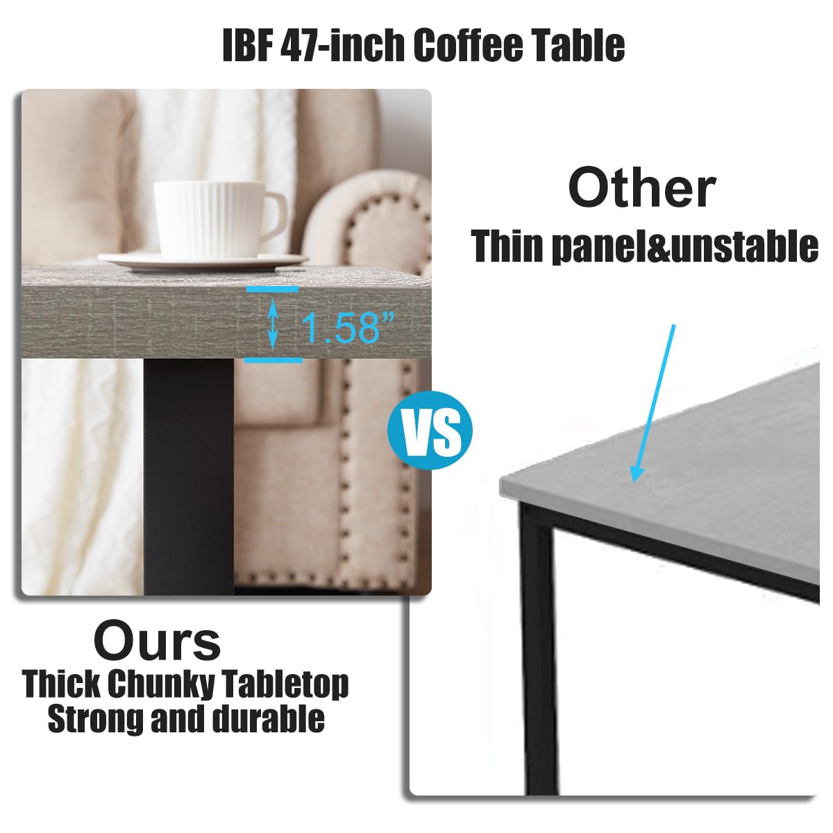 Grey Coffee Table, Wood Metal Coffee Table for Living Room, Farmhouse Minimalist Rustic