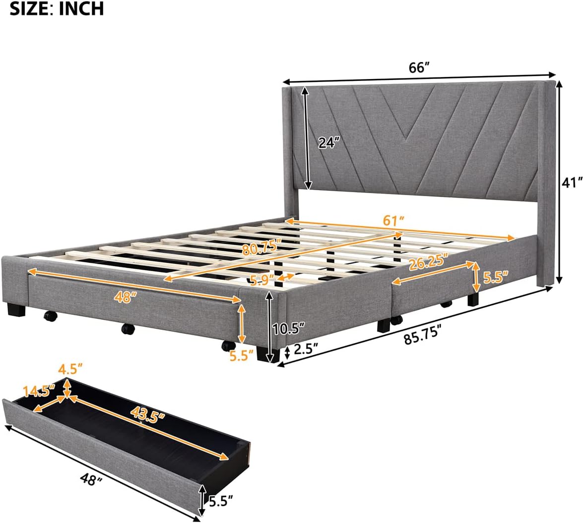 ,Linen Upholstered Platform Bedframe with 3 Drawers & Wing Shaped Headboard,Queen