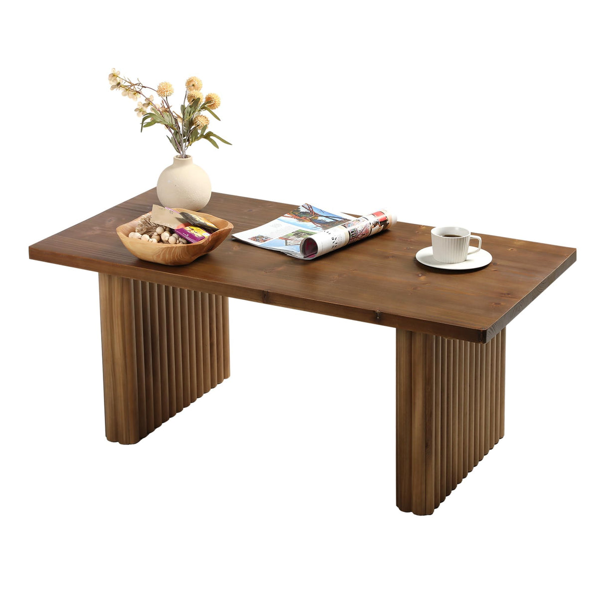 Farmhouse Fluted Coffee Table, Rectangle Solid Wood Living Room Table