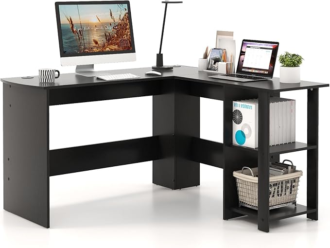 White L Shaped Desk with Storage Shelves, Wooden Corner Computer Desk