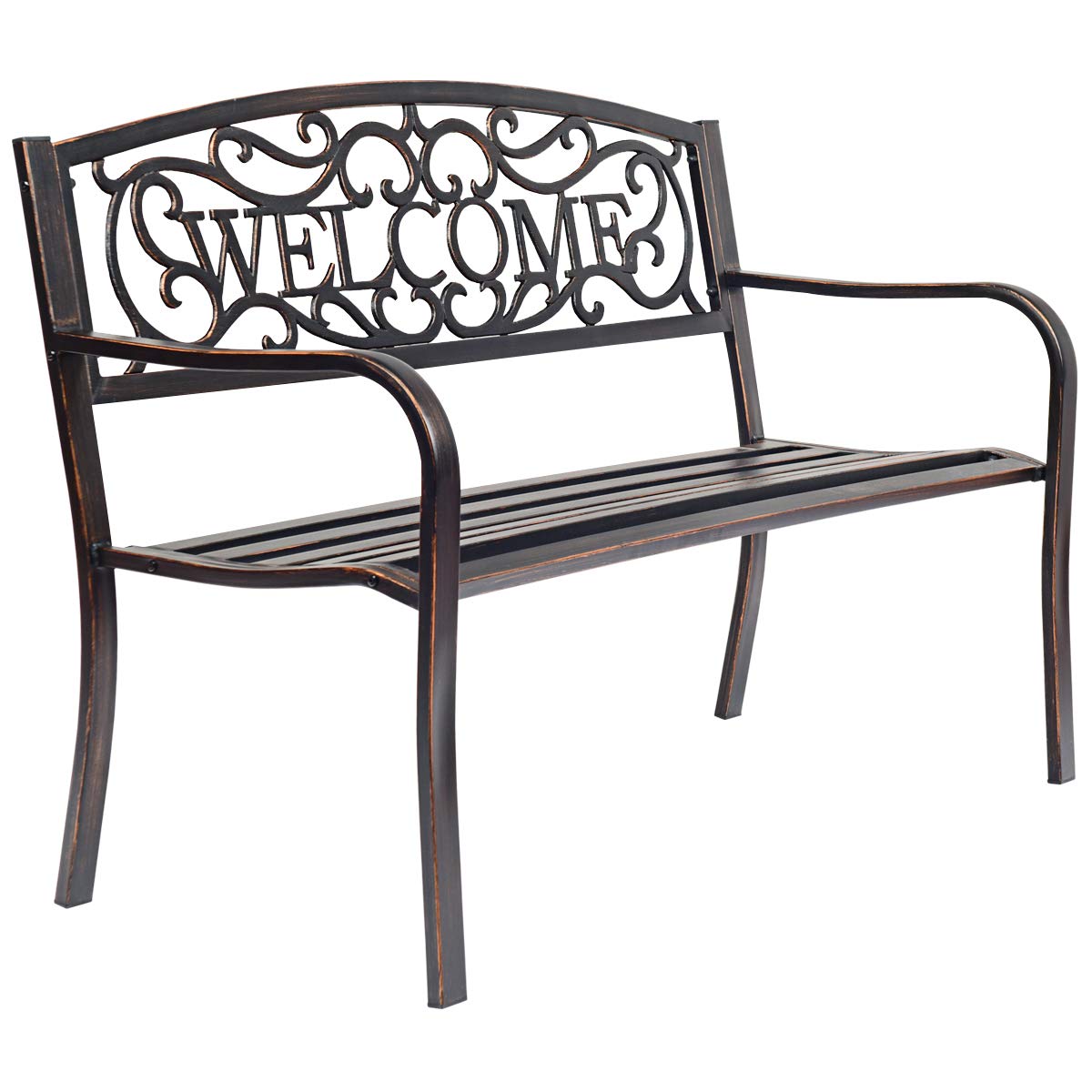 Outdoor Steel Garden Bench Park Bench, 50 Inch Patio Welcome Bench with Slated Seat