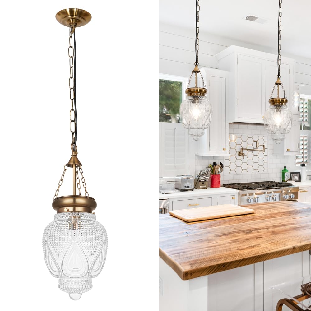 Farmhouse Pendant Light, Vintage Brass Gold Pendant Lights Kitchen Island, Pendant Lighting for Island, Kitchen Island Lighting Over Sink, Modern Clear Glass Pendant Light Fixture for Kitchen Table