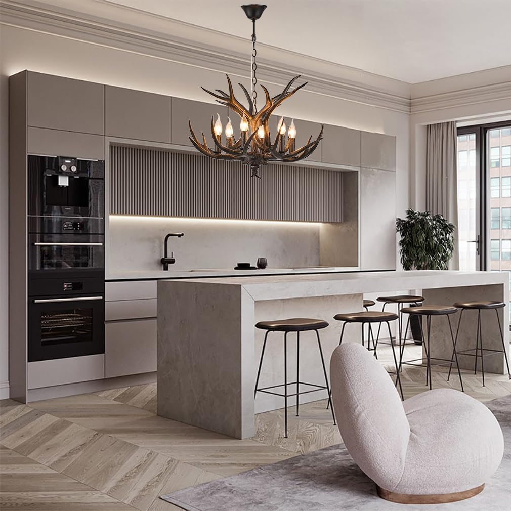 Coffee Brown Resin Antler Chandelier 6-Light Easy Install - Rustic Lodge Ceiling Fixture with E12 Base for Cabin, Living Room & Dining Room Deer Horn Antler Lamp (Coffee Brown)