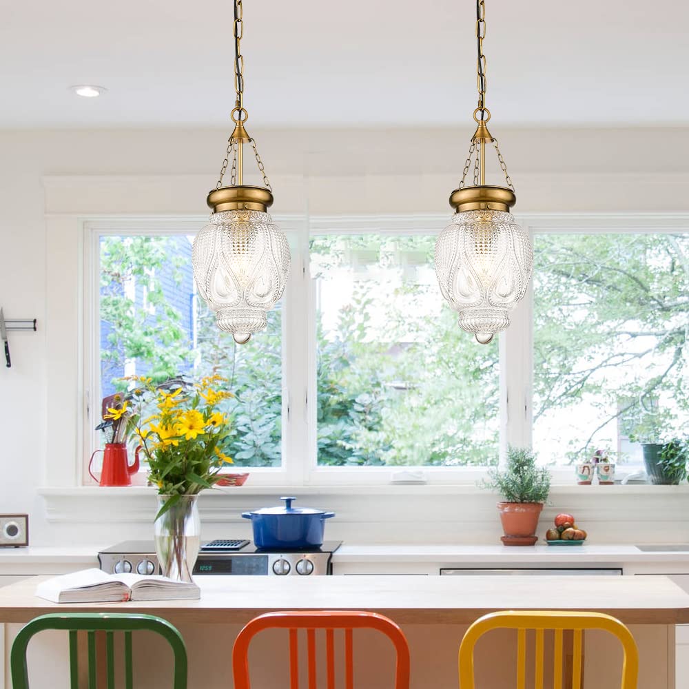 Farmhouse Pendant Light, Vintage Brass Gold Pendant Lights Kitchen Island, Pendant Lighting for Island, Kitchen Island Lighting Over Sink, Modern Clear Glass Pendant Light Fixture for Kitchen Table