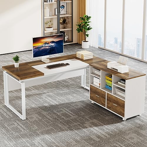 ProWork 63W L-Shaped Executive Desk with Reversible File Cabinet & Storage