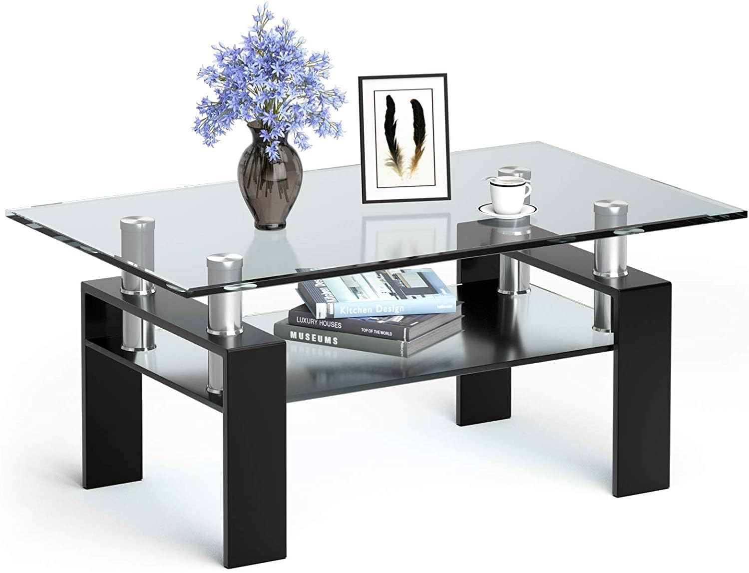 Glass Coffee Table, Rectangular Coffee Table with Metal Legs &Storage Shelf