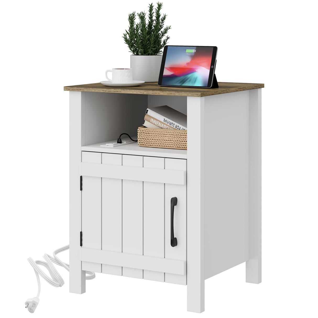 White Nightstand,Large End Table with Charging Station, 15.7''Lx17.7''Wx23.6‘’H