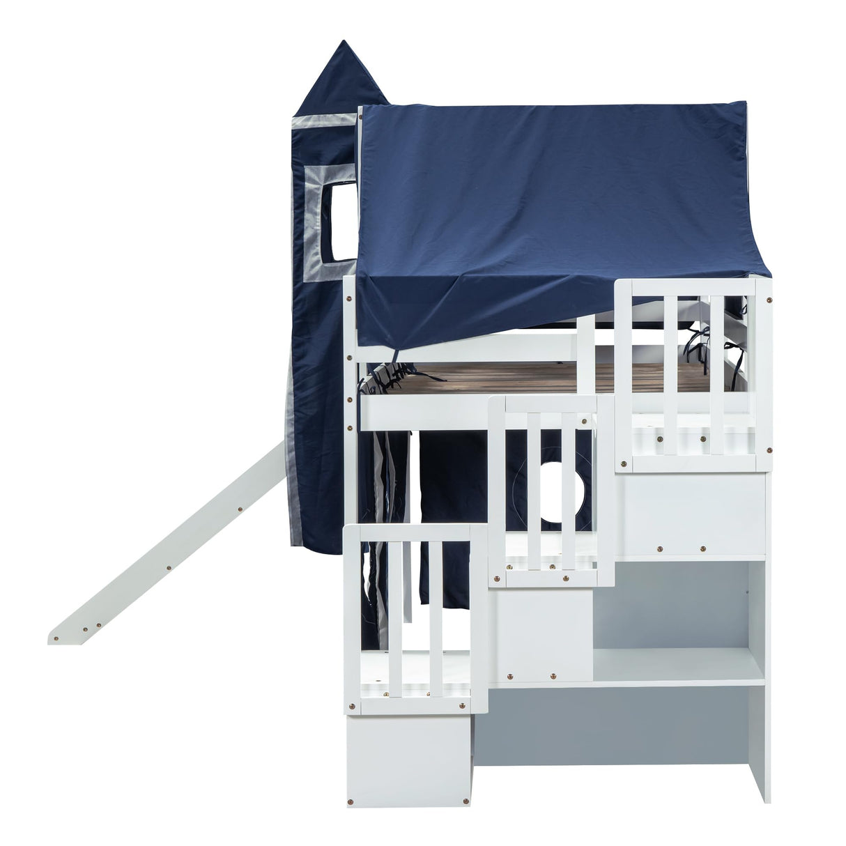 Designs House Loft Bed with Slide and Storage Stairs, Wood Kids Loft Bed with Tent and Tower