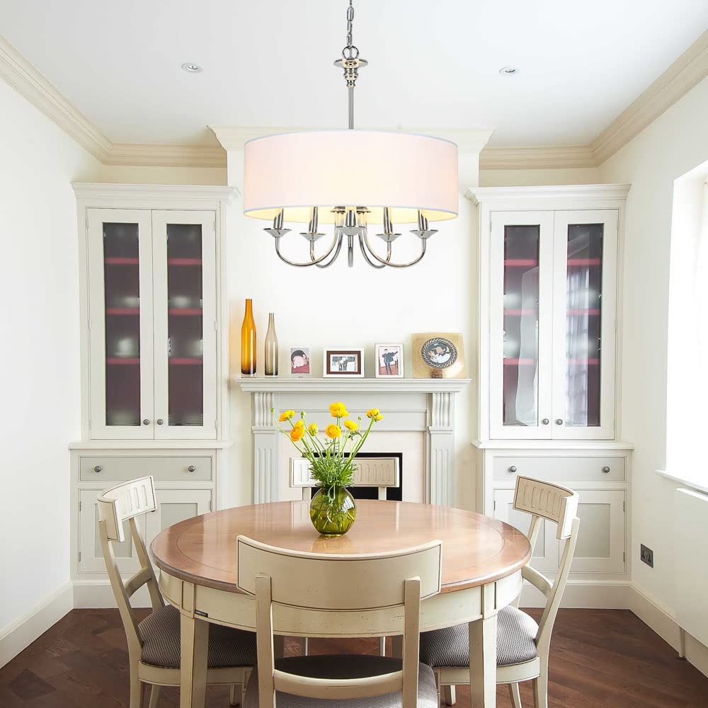 5-Light Traditional Chandelier with White Linen Drum Shade, Drum Chandelier