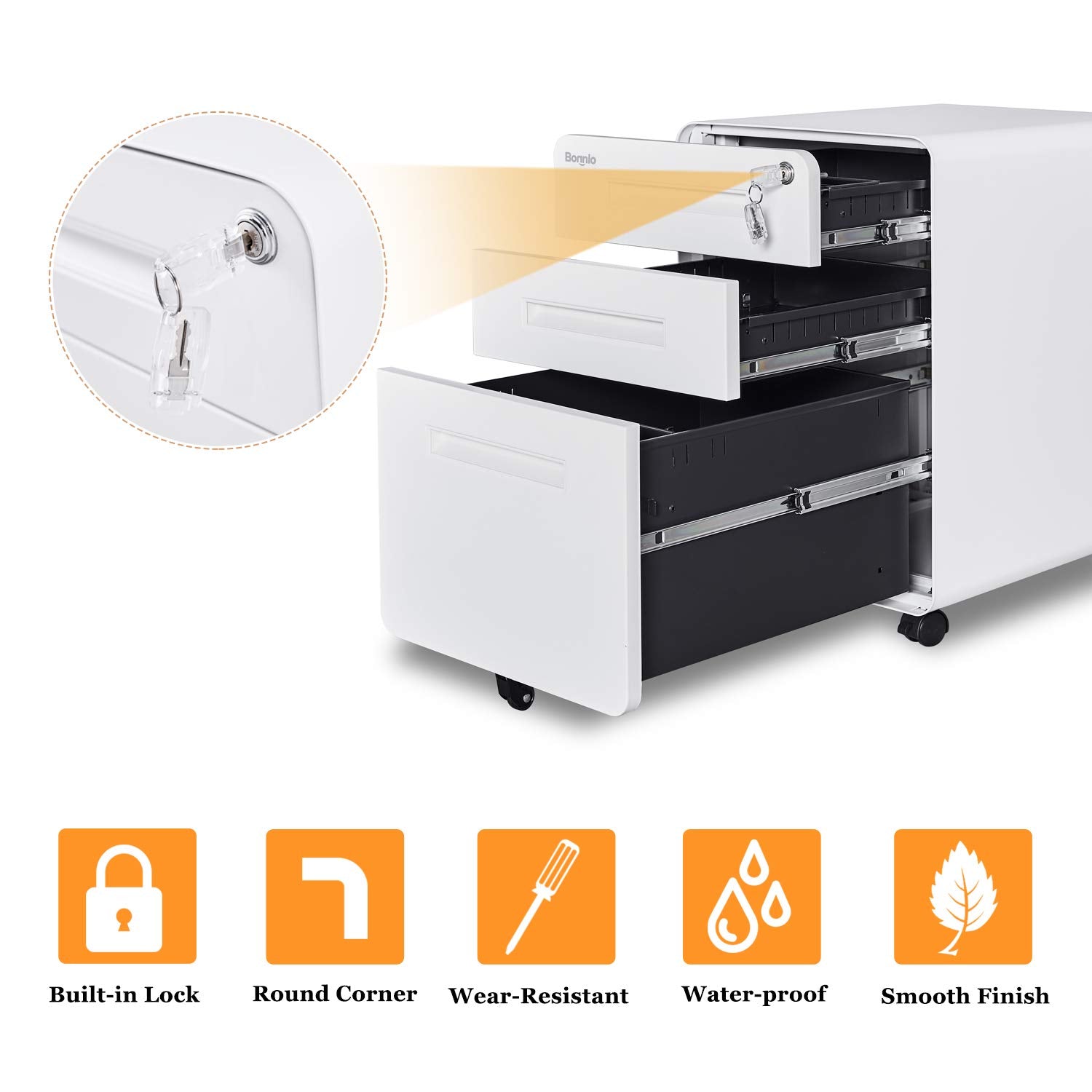 23.8" H 3 Drawer Rolling File Cabinet with Lock, Mobile File Cabinet Under Desk