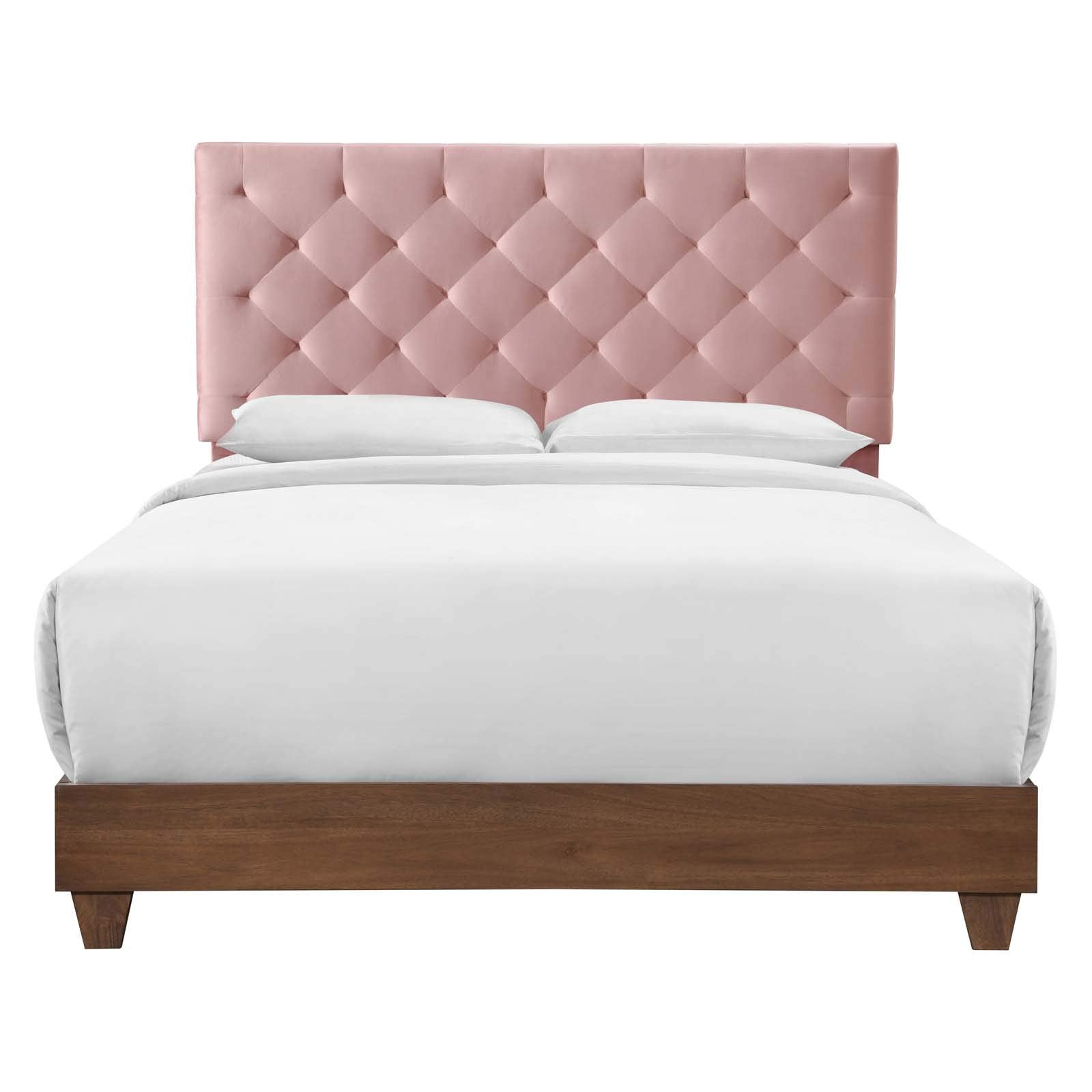 Tufted Upholstered Performance Velvet Queen Bed, Walnut Dusty Rose
